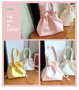 Cute drawstring canvas bag, Japanese style tote lunch bag, solid color storage pouch.