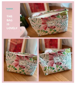 Blumen bestickte Kosmetiktasche aus Leinen, tragbare Reisemachtasche mit Reißverschluss.