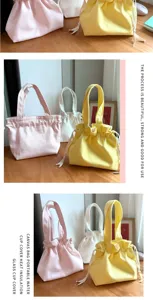 Minimalist cotton canvas drawstring handbag, cute daily portable tote bag for women storage.
