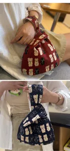 Japanischer Knoten Segeltuch Handtasche mit niedlichem Maneki Neko Print, tragbare kleine Tasche.