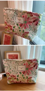 Borsa per trucco in tela con ricamo floreale, grande capacita di stoccaggio portatile.