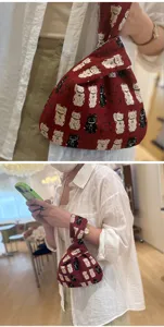 Japanische Baumwoll-Leinen-Knotentasche mit süßem Winkekatzen-Druck, kleine Handtasche.