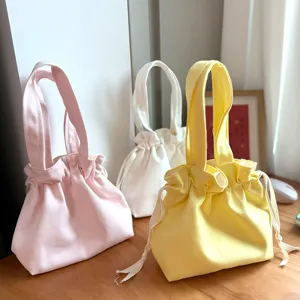 Japanese Style Canvas Drawstring Lunch Bag Fresh Solid Color Handheld Bento Bag Portable Large Capacity Reusable Storage Tote Bag