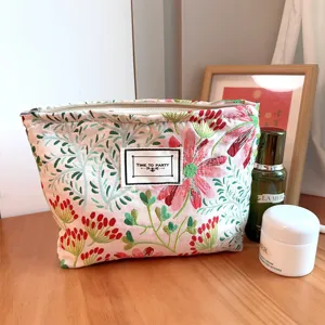 Borsa Cosmetica in Tela Stampa Floreale Stile Ins Grande Capacità Portatile Custodia per Trucchi Beauty Case da Viaggio