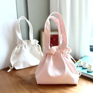 Japanese style canvas drawstring bag cute lunch handbag portable solid color storage pouch