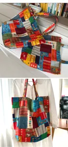 Detailansicht der bunten Boho Patchwork Canvas Tragetasche mit ethnischen Mustern.
