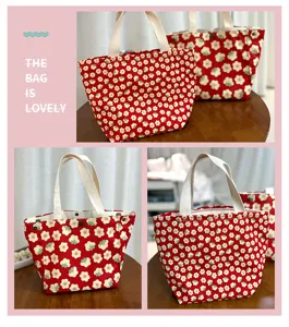 Cute floral canvas lunch bag with handles, red small flower print tote for daily use and shopping.