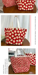 Cute floral canvas lunch bag with zipper, portable student handbag for daily use and shopping.