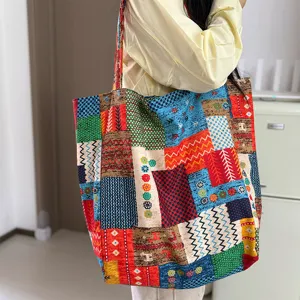 Bohemian Extra Große Segeltuch Tragetasche Damen Farbblock Patchwork Geometrische Blumen Umhängetasche Handtasche