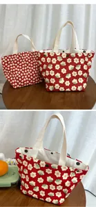 Cute red floral canvas tote bag with dual handles, perfect for daily lunch box and shopping use.