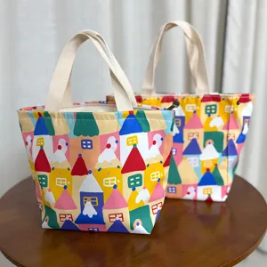 Bolsa de Almuerzo de Lona con Estampado Floral Estilo Japonés Bolsa Bento Portátil Para Oficina Escuela Mujer Bolso