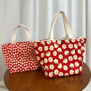 Cartoon Floral Canvas Lunch Bag Portable Handbag With Zipper Button Closure Cute Student Lunch Box Tote Bag Shopping Handbag For Daily Use