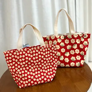 Canvas Tote Bag Red Floral Lunch Bag Cute Student Handbag Shopping Bag Meal Pouch