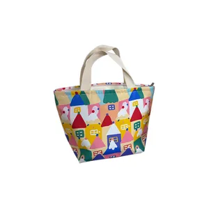 Bolsas de lona para almuerzo con estampado de casas de dibujos animados coloridas.