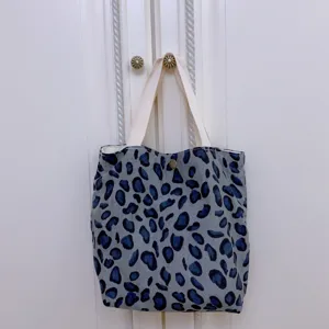 Μπλε τσάντα tote από κοτλέ με λεοπάρ τύπωμα casual γυναικεία τσάντα χειρός ρετρό στυλ