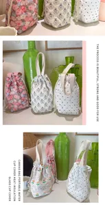 Gewatteerde canvas trekkoord waterfles tas draagbare schattige bloemen cup cover detail
