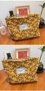Trousse de maquillage en velours côtelé à fleurs jaunes, pochette zippée portable voyage.
