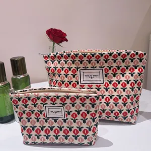 Woven floral cosmetic bag set canvas makeup pouch portable toiletry organizer for women