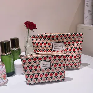 Woven floral cosmetic bag stylish makeup pouch portable toiletry storage bag for women
