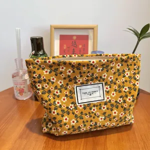 Trousse de maquillage en velours côtelé fleuri jaune, pochette de toilette zippée voyage