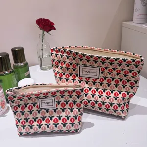 Set of two woven cosmetic bags with retro floral pattern, canvas makeup zipper pouch for women.