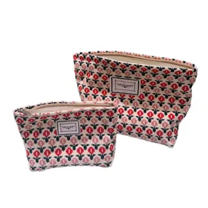 Fashion knit floral cosmetic bag set, portable zipper clutch and makeup storage organizer.