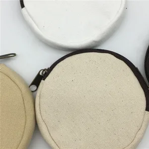 Runder Canvas Münzbeutel Detailansicht, leere Stofftasche, tragbare Mini Aufbewahrungstasche.