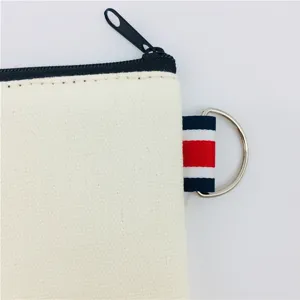 White canvas zipper pouch detail showing tricolor grosgrain loop and metal D-ring hardware.