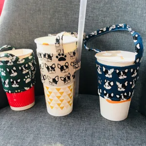 Bellissimo manicotto per tazza in tessuto bulldog francese borsa caffè riutilizzabile
