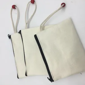 DIY blank canvas pencil case zipper pouch with red bead cotton cord for custom painting.