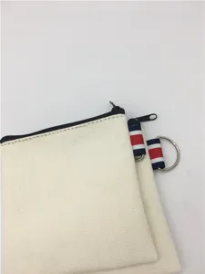 Detailed view of small beige canvas zipper coin pouch with red white blue stripe loop tab.