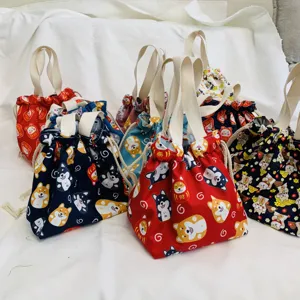 Japanischer Stil Leinwand Kordelzug Lunchbag süßer Cartoon Hund Bento Aufbewahrung
