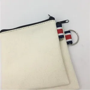 Blank DIY canvas coin purse with zipper and key ring loop, plain fabric pouch for painting.