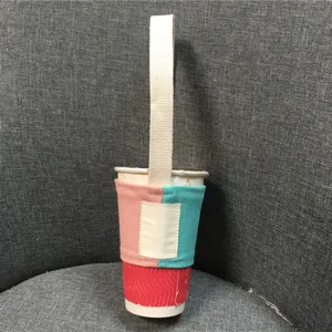 Farbblock-Canvas-Becherhülle mit langem Henkel, stilvolle tragbare Getränketasche für Kaffee.