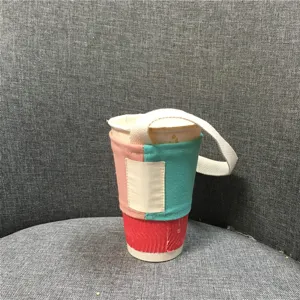 Farbblock Canvas Tassenhülle mit Griff, stilvoller wiederverwendbarer Getränkehalter.