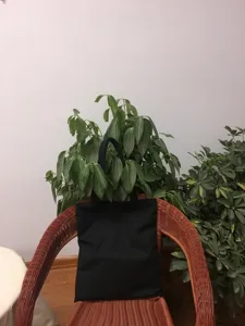 Vista detallada de un bolso de lona negro liso colocado en una silla de mimbre.