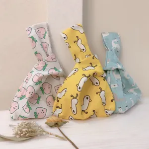 Japanese Style Vintage Canvas Knot Handbag Cartoon Animal Fruit Print Wrist Strap Small Handheld Tote Bag Daily Pouch
