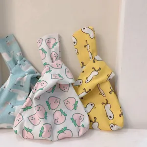 Japanese knot wrist canvas bag cute cartoon print retro tote bag casual phone pouch for women