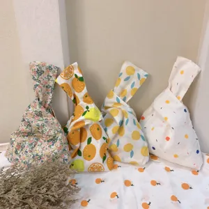Japanese Style Fabric Knot Wrist Bag Floral Fruit Print Cute Casual Handbag Daily Tote