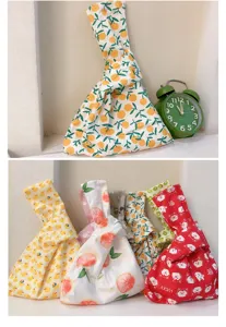 Japanischer Baumwoll Knoten Handtasche süßer Obst Tier Druck tragbare kleine Tasche.