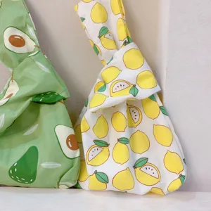 Japanischer Knoten Handgelenk Tasche Stoff Handtasche süße Frucht Avocado Zitrone Detail