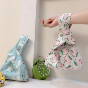 Japanese knot canvas wrist bag cute peach print vintage linen handbag casual portable purse for women