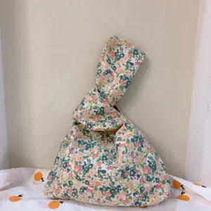 Japanese floral knot wrist bag casual small fabric handbag canvas cute mini tote bag for women