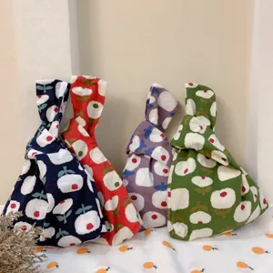 Japanese Style Cotton Canvas Floral Print Knotted Tote Bag For Women Daily Casual Hand Wrist Bag Fashion Floral Knot Bag