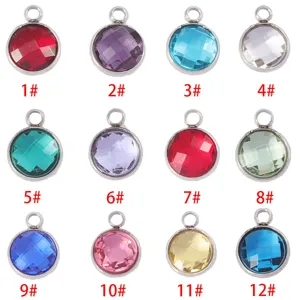 Stainless Steel Zircon Birthstone Pendant DIY Mini Jewelry Accessory Round Charm For Necklace Bracelet Making