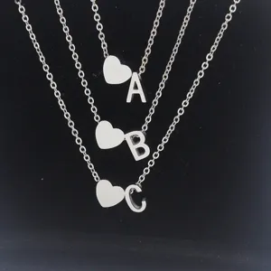 Stainless steel heart and letter pendant necklace set, fashion silver chain jewelry for women.