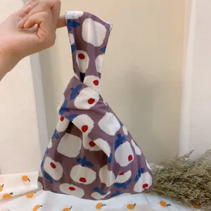 Cotton Japanese style knot tote bag, cute floral print wrist bag for women and students.