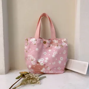 Blumen Leinwand Handtasche für Damen, süßes rosa Kirschblüte Design, mini lässige Lunch Tasche.