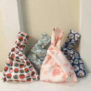 Japanese Style Floral Print Cotton Wrist Bag Women Fresh Sweet Knot Handbag Small Phone Pouch Handheld Coin Purse Bag