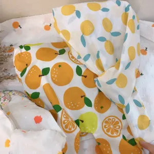 Detailed view of Japanese style fresh fruit printed cotton fabric handbag material close-up.